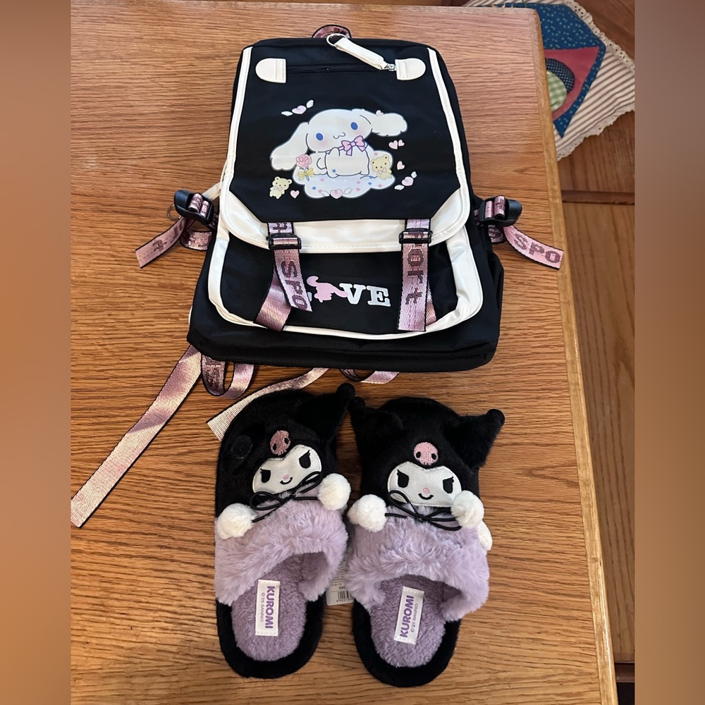 Cinnamon roll backpack and Kuromi slippers.